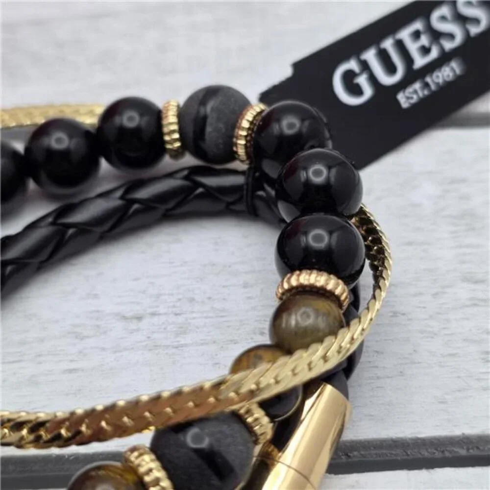 Guess Mens 3PC Bracelet Set Tiger's Eye Bead Leather Herringbone Chain 7 In